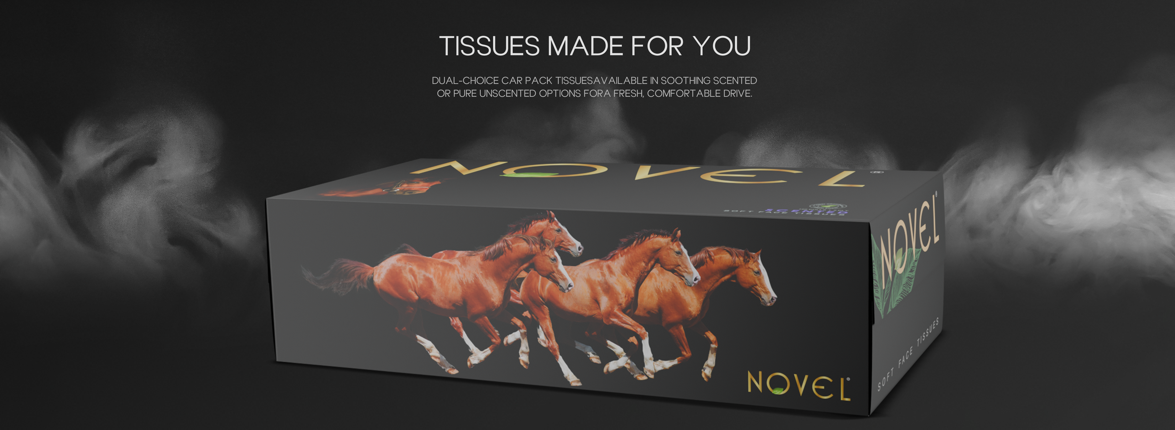 Novel Car Pack Tissues. Features the product box with wild horses, promoting "Tissues Made For You" and "Dual-choice Car Pack Tissues Available In Soothing Scented Or Pure Unscented Options For A Fresh, Comfortable Drive."