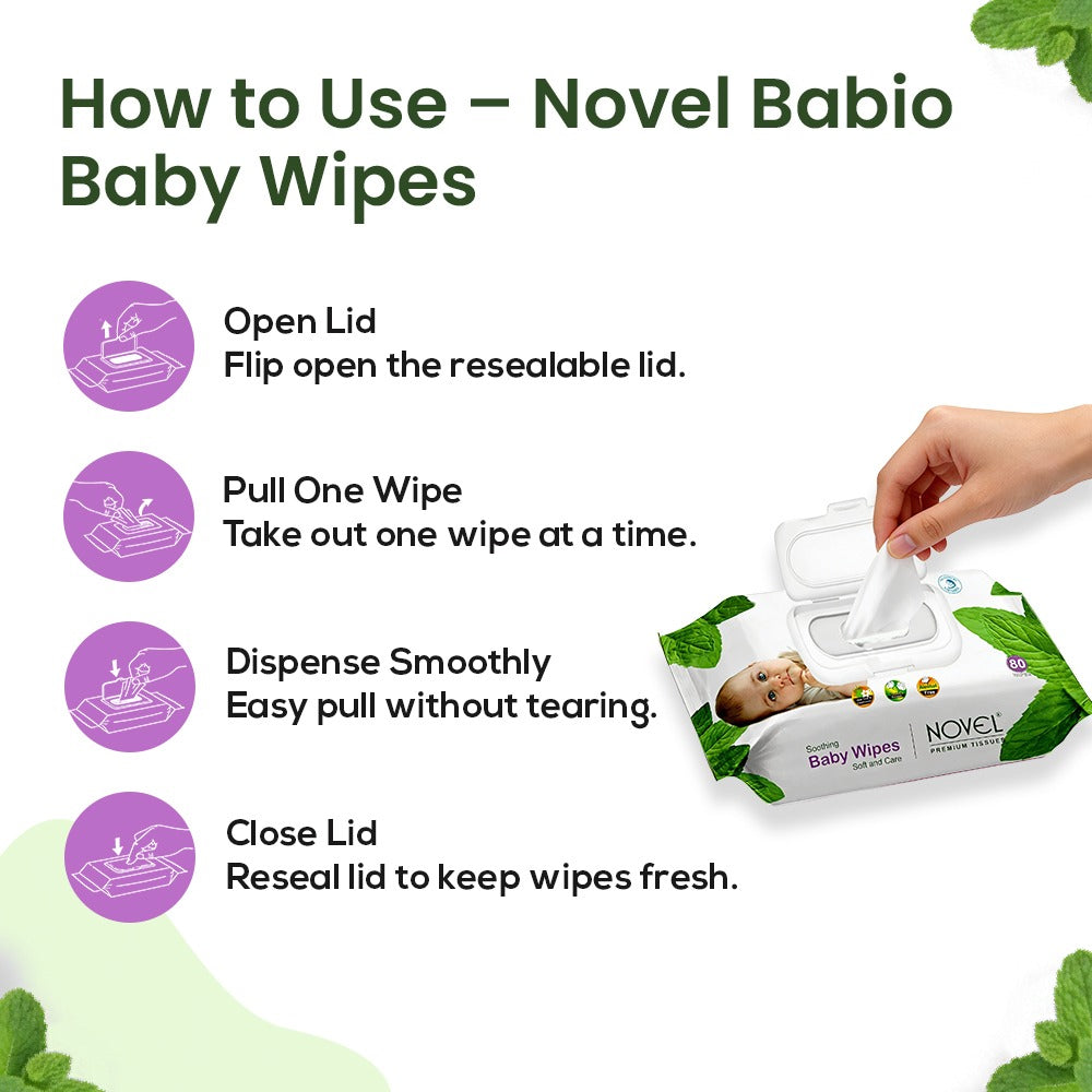 Babio Soft Cleansing Baby Wipes Lid Pack | Contains Aloe Vera & Chamomile Oil -80 Wipes pack of 6