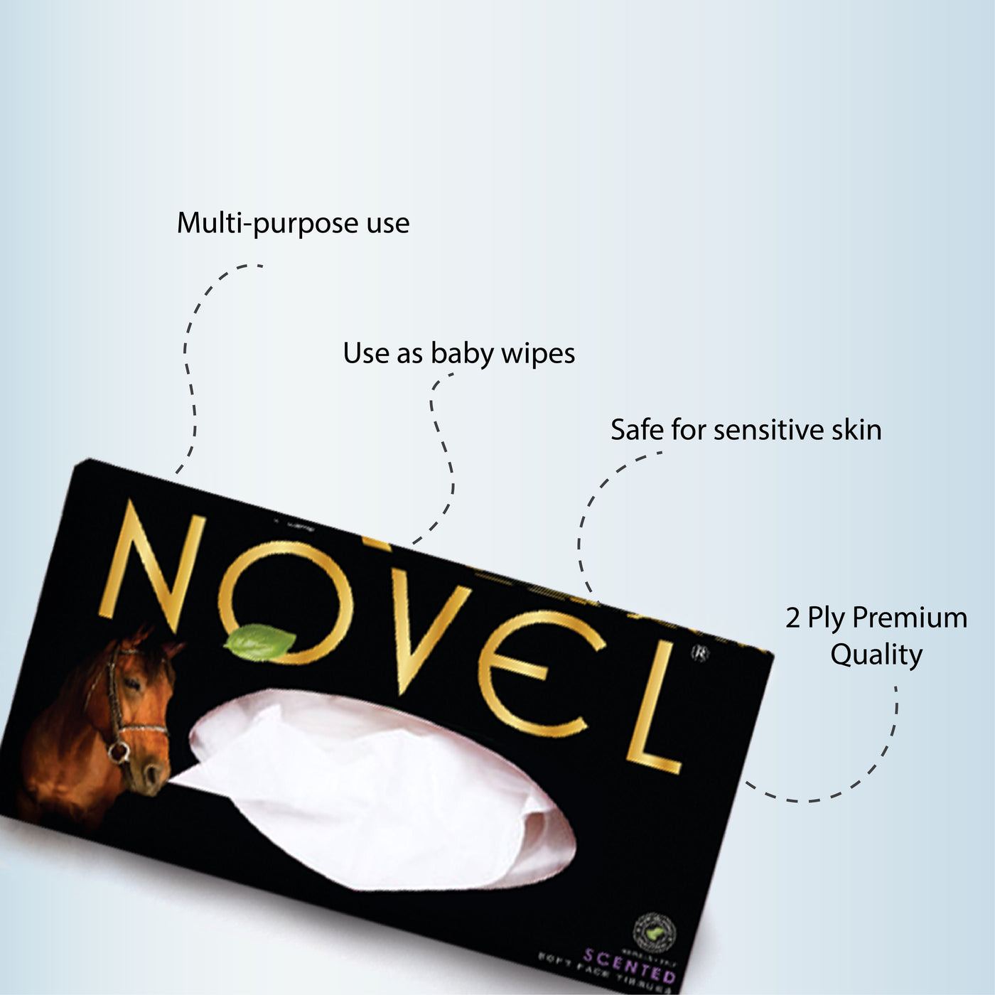 Novel facial tissue box featuring soft 2-ply premium quality tissues, ideal for multi-purpose use, baby wipes, and safe for sensitive skin