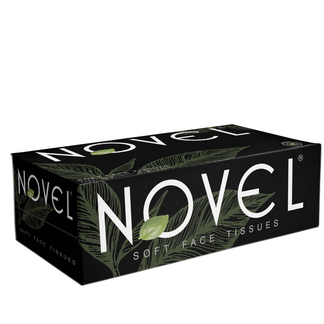 Novel Soft Face Tissues 2-Ply Unscented β Premium black box with leaf artwork, soft and gentle facial tissues ideal for daily use.