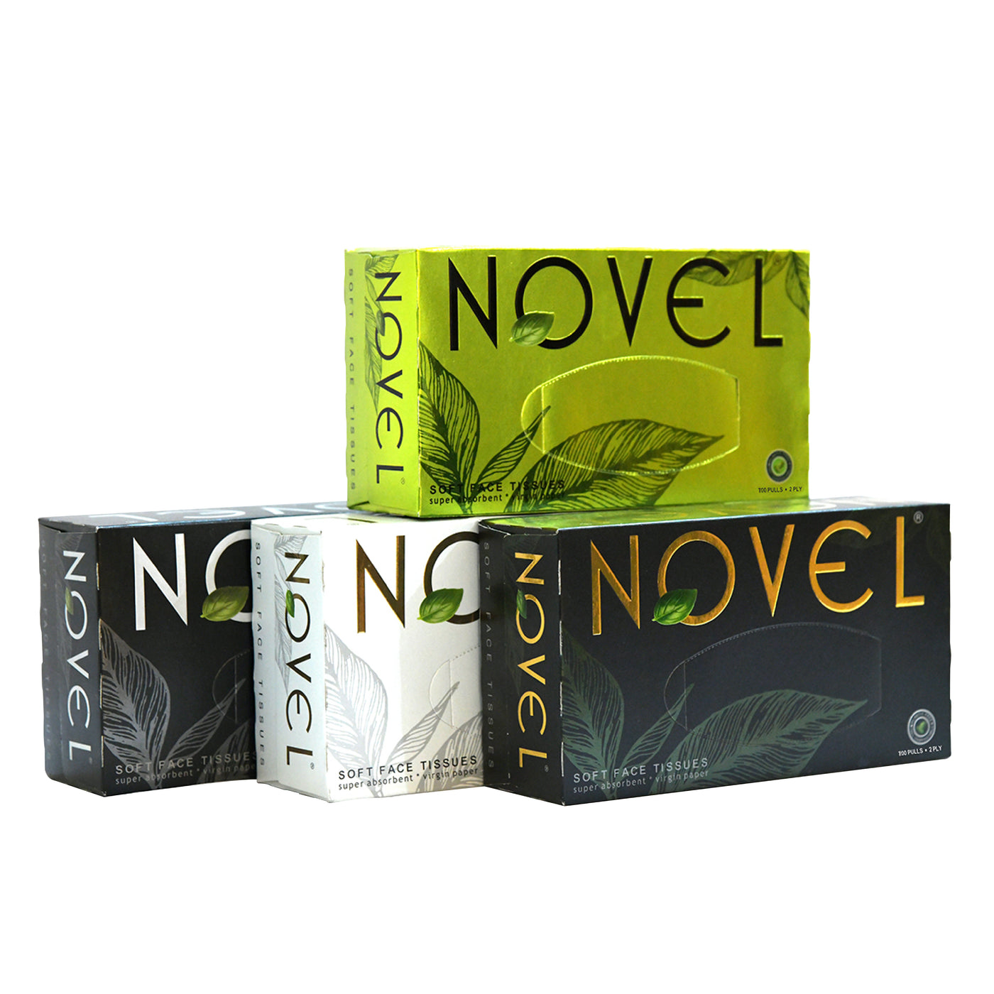 Novel Soft Face Tissues β Assorted Premium Boxes in Green, Black, White, and Grey with 2-Ply Unscented Facial Tissues, Super Absorbent and Gentle on Sensitive Skin