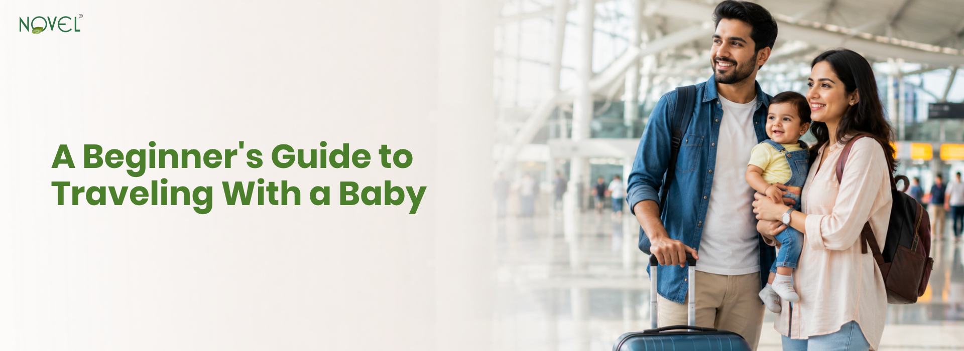 Family traveling with a baby and luggage, beginner's guide to travel with an infant