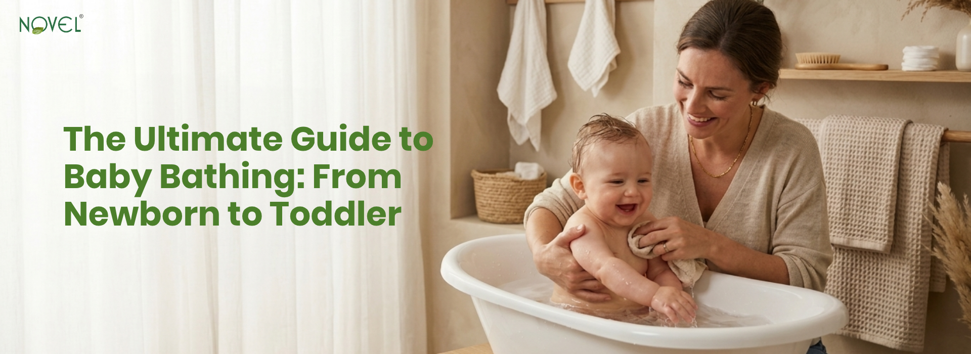 Smiling baby enjoying a gentle bath, guide to bathing newborns and toddlers