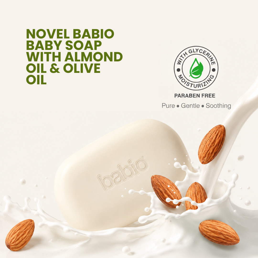 Novel Babio Baby Soap with Almond Oil & Olive Oil | 75g (Pack of 3+1 Free) – Gentle Cleansing & Nourishing Care for Delicate Baby Skin | Helps Maintain Softness, Moisture & Comfort | Mild & Skin-Friendly for Daily Use