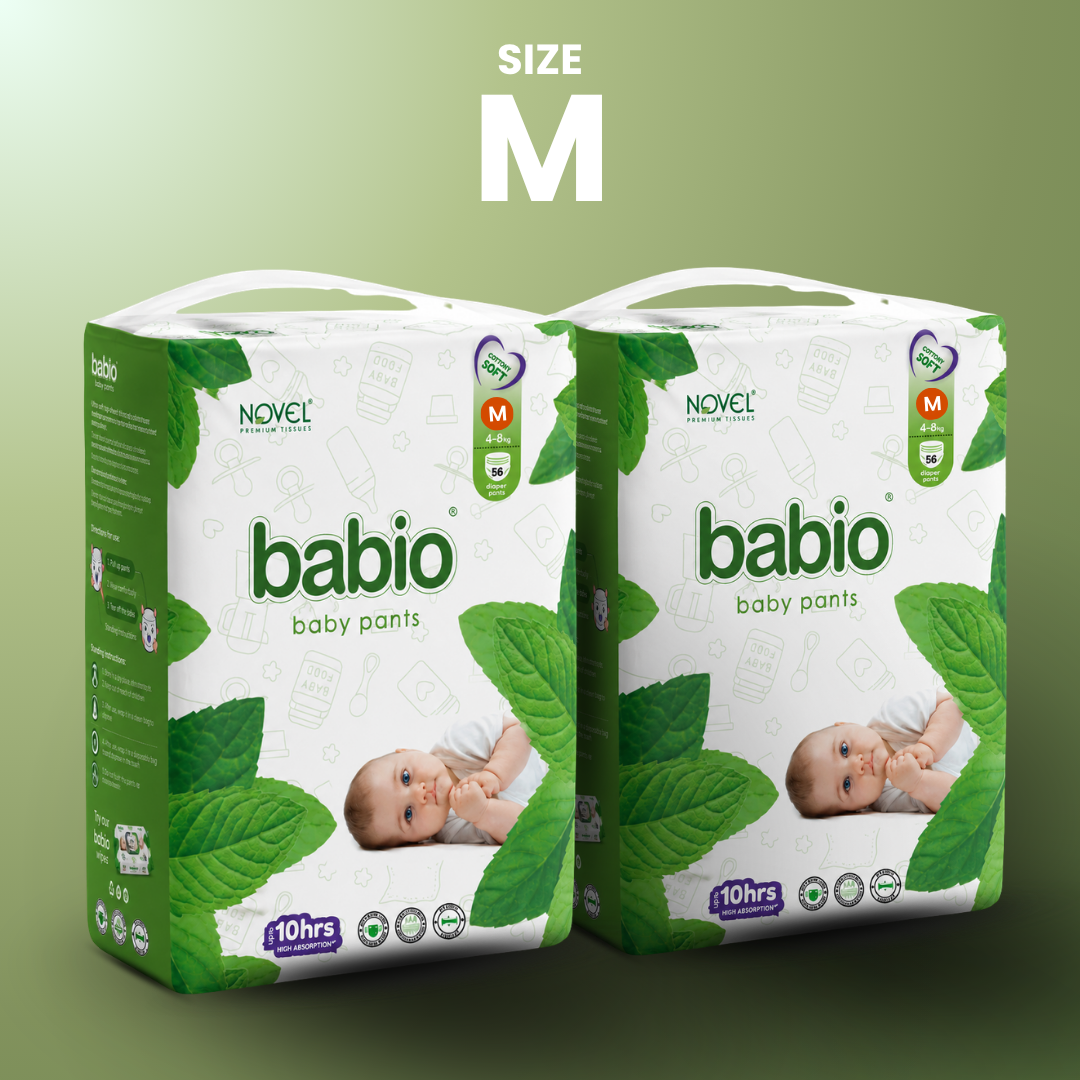Novel Babio Baby Diaper Pants Size M (7–12 kg) | 50 Pants, Up to 10 Hrs Dry