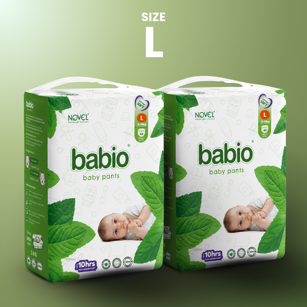 Novel Babio Baby Diaper Pants Size L (9–14 kg) | 42 Pants, Up to 10 Hrs Dry
