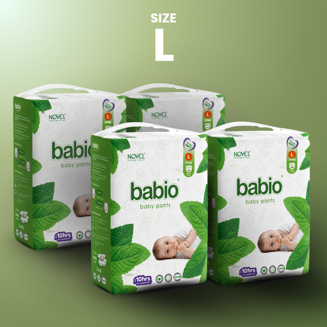 Novel Babio Baby Diaper Pants Size L (9–14 kg) | 42 Pants, Up to 10 Hrs Dry