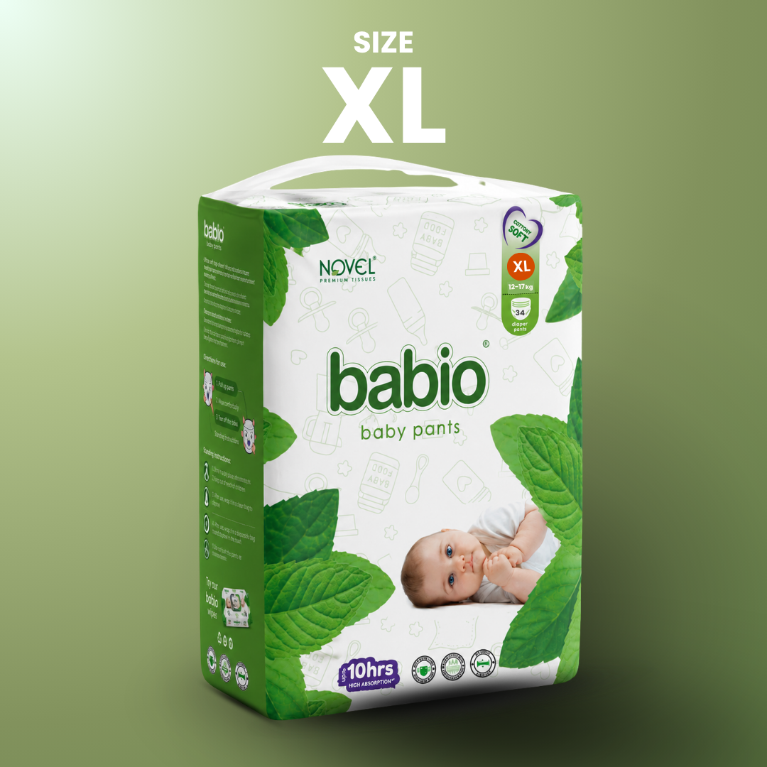 Novel Babio Baby Diaper Pants Size XL (12-17kg) | 34 Pants, Up to 10 Hrs Dry