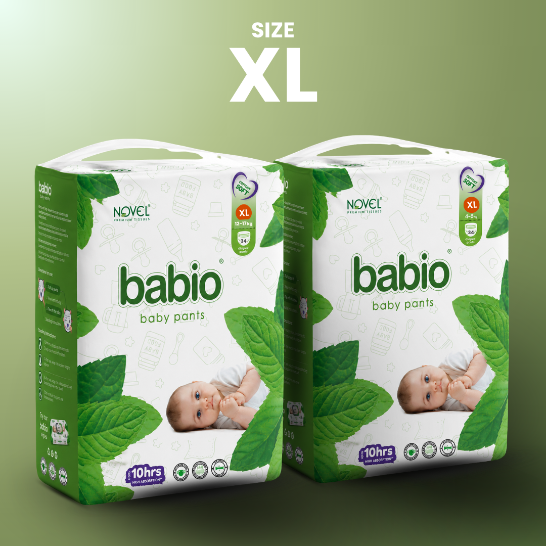 Novel Babio Baby Diaper Pants Size XL (12-17kg) | 34 Pants, Up to 10 Hrs Dry