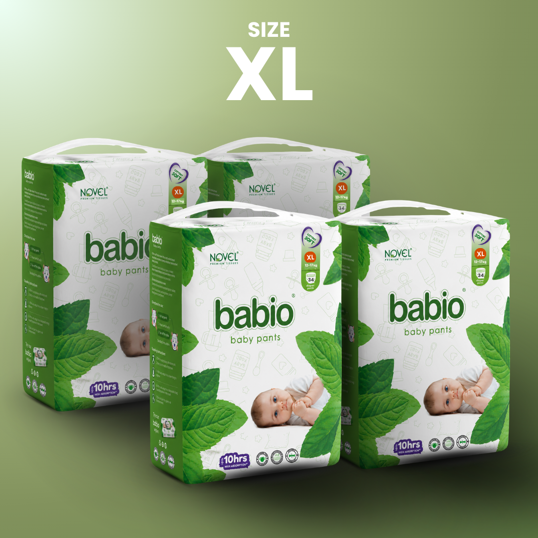 Novel Babio Baby Diaper Pants Size XL (12-17kg) | 34 Pants, Up to 10 Hrs Dry