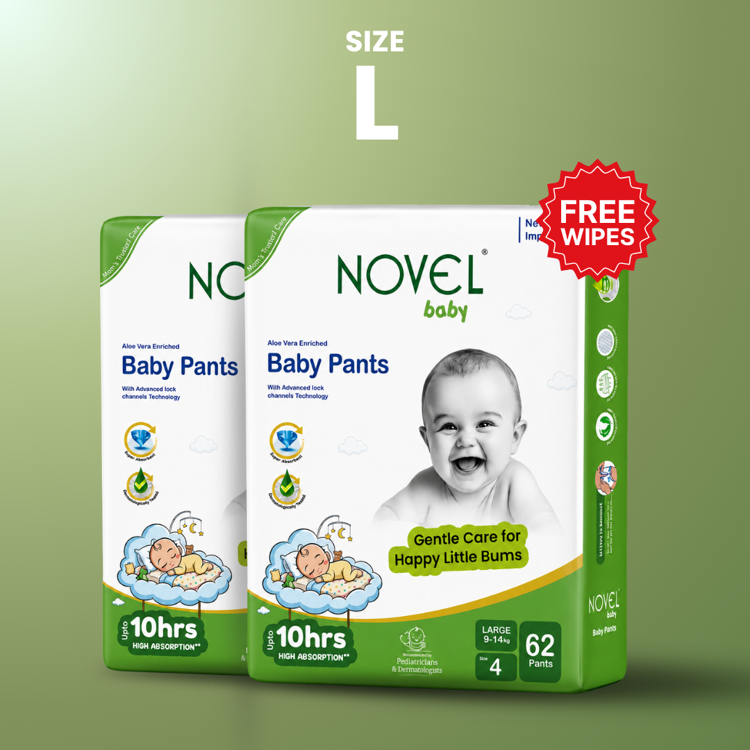 Novel Baby Premium Diaper Pants – Large (9–14 kg) | 62 Pants | Up to 10 Hours Absorption | Aloe Vera Enriched + FREE Baby Wipes