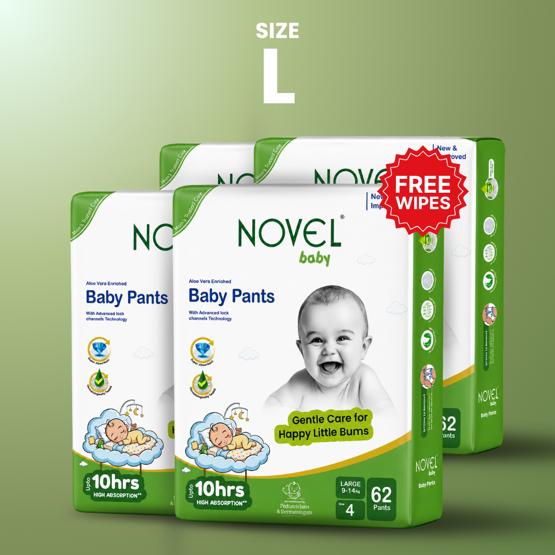 Novel Baby Premium Diaper Pants – Large (9–14 kg) | 62 Pants | Up to 10 Hours Absorption | Aloe Vera Enriched + FREE Baby Wipes