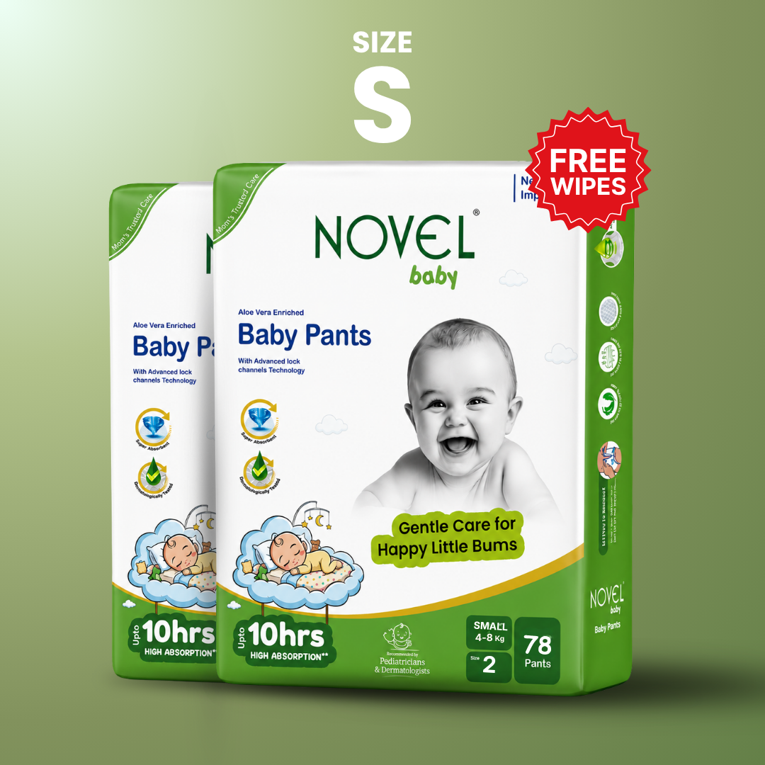 Novel Premium Baby Diaper Pants – Small (4–8 kg) | 78 Pants | Up to 10 Hours Absorption | Aloe Vera Enriched + FREE Baby Wipes