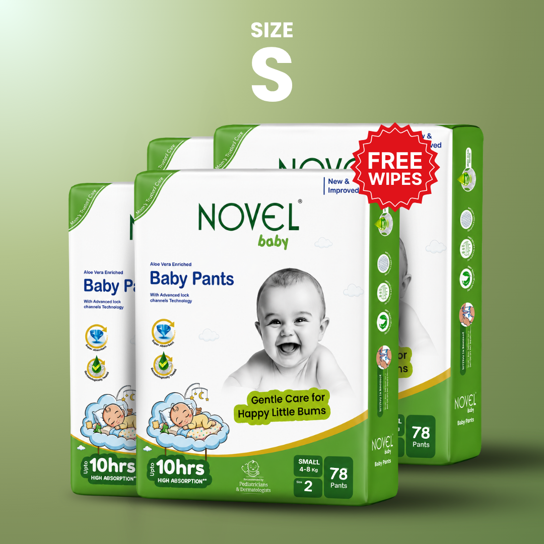 Novel Premium Baby Diaper Pants – Small (4–8 kg) | 78 Pants | Up to 10 Hours Absorption | Aloe Vera Enriched + FREE Baby Wipes