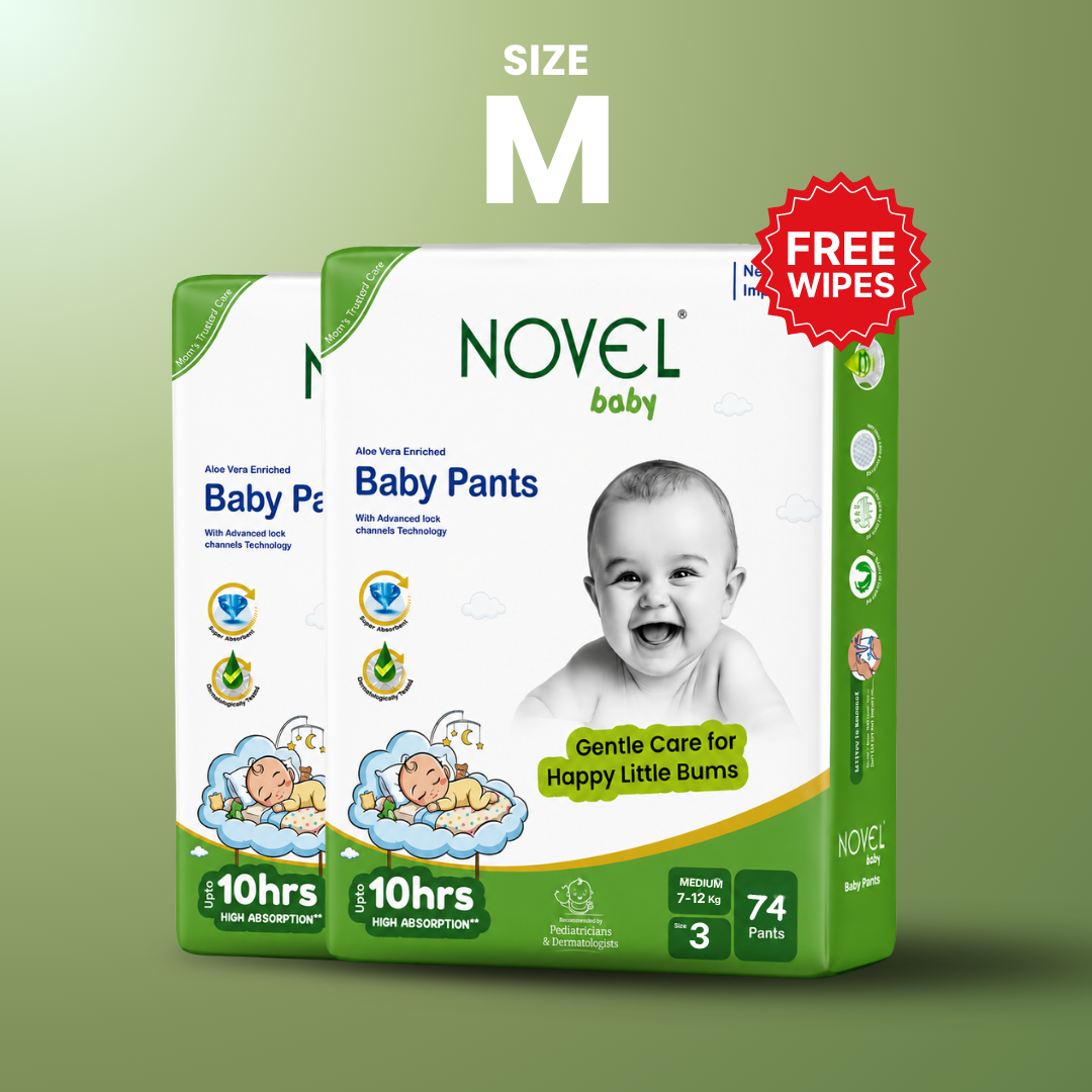 Novel Premium Baby Diaper Pants – Medium (7–12 kg) | 74 Pants | Up to 10 Hours Absorption | Aloe Vera Enriched + FREE Baby Wipes