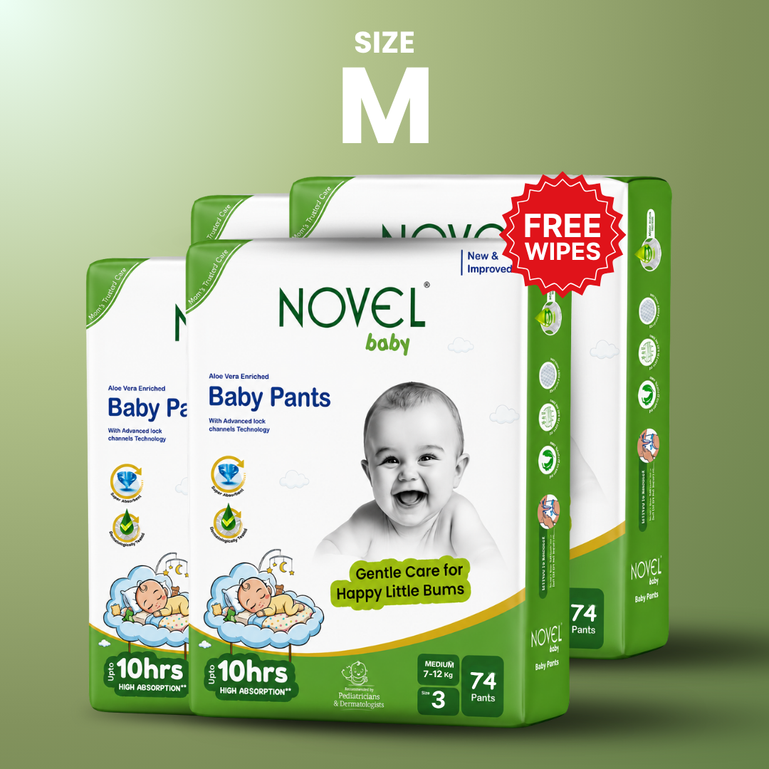 Novel Premium Baby Diaper Pants – Medium (7–12 kg) | 74 Pants | Up to 10 Hours Absorption | Aloe Vera Enriched + FREE Baby Wipes
