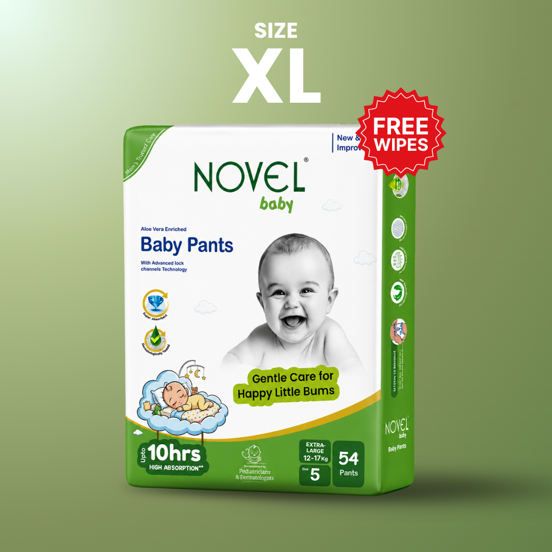 Novel Baby Premium Diaper Pants – XL (12–17 kg) | 54 Pants | Up to 10 Hours Absorption | Aloe Vera Enriched + FREE Baby Wipes