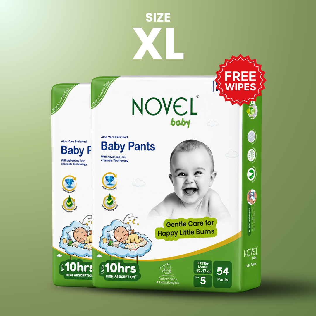 Novel Baby Premium Diaper Pants – XL (12–17 kg) | 54 Pants | Up to 10 Hours Absorption | Aloe Vera Enriched + FREE Baby Wipes