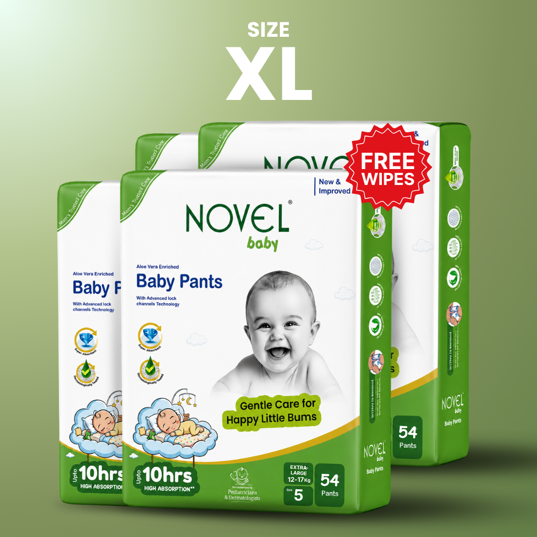 Novel Baby Premium Diaper Pants – XL (12–17 kg) | 54 Pants | Up to 10 Hours Absorption | Aloe Vera Enriched + FREE Baby Wipes