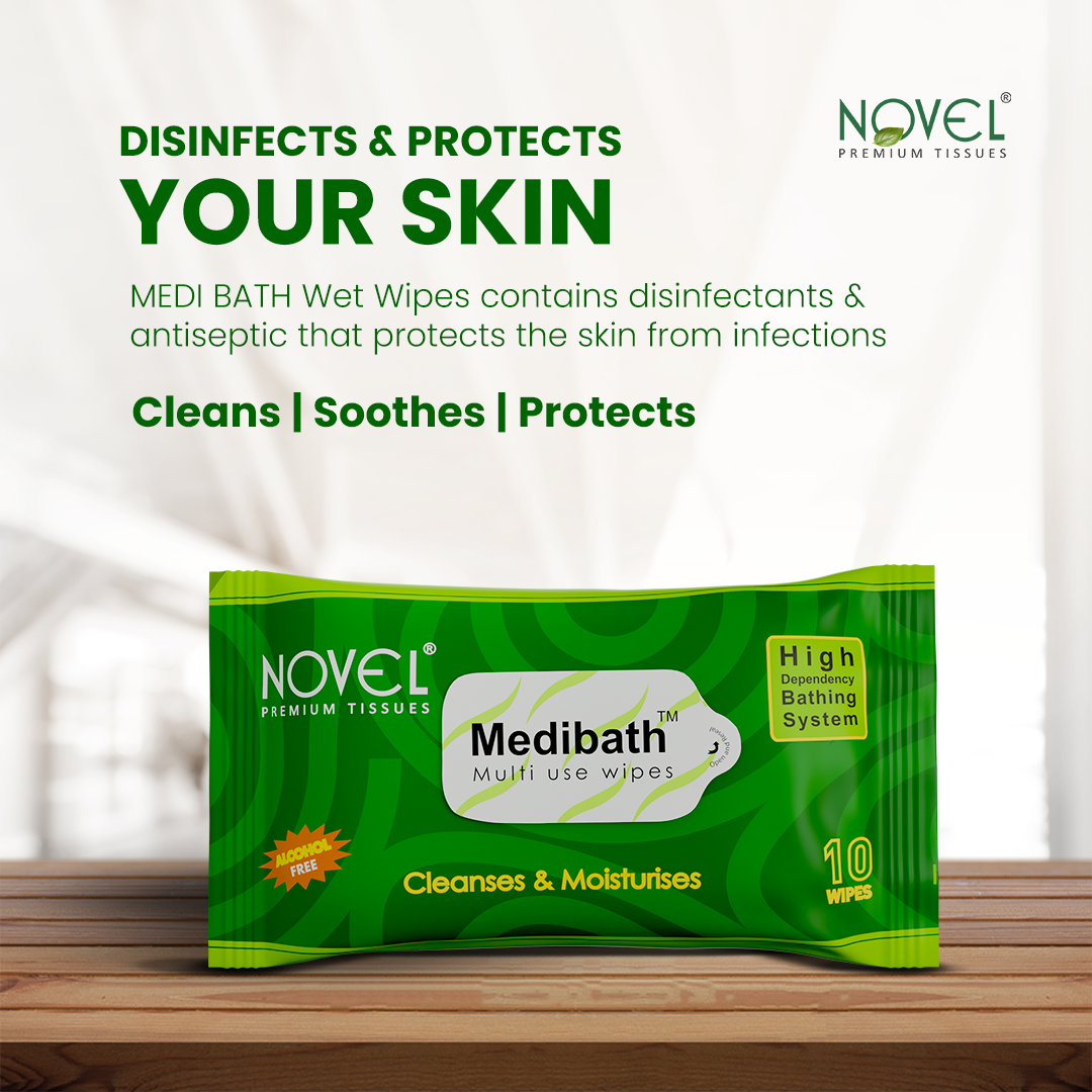 NOVEL Medi Bath Antiseptic & Aloe Vera Adult Body Wipes | 10 Wipes (Pack of 8)