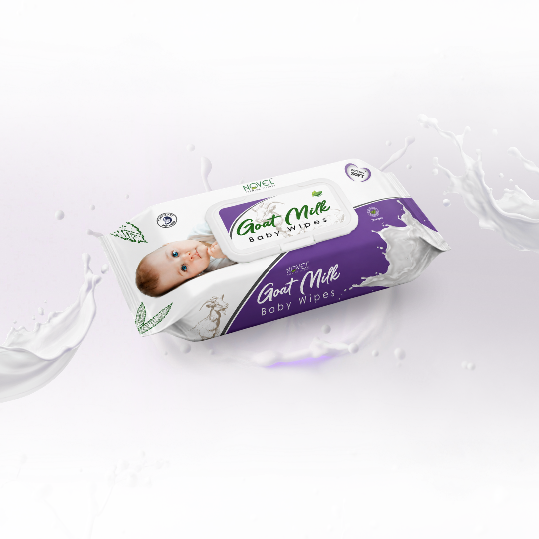 Novel Babio Premium Goat Milk Baby Wipes with Lid | 72 Wipes (Pack of 5) – Gentle Cleansing & Nourishing Care for Baby Skin | Soft, Alcohol-Free & Skin-Friendly | Buy 5 Get 5