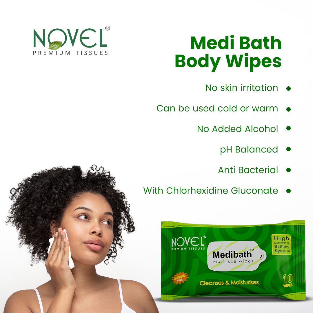 NOVEL Medi Bath Antiseptic & Aloe Vera Adult Body Wipes | 10 Wipes (Pack of 8)