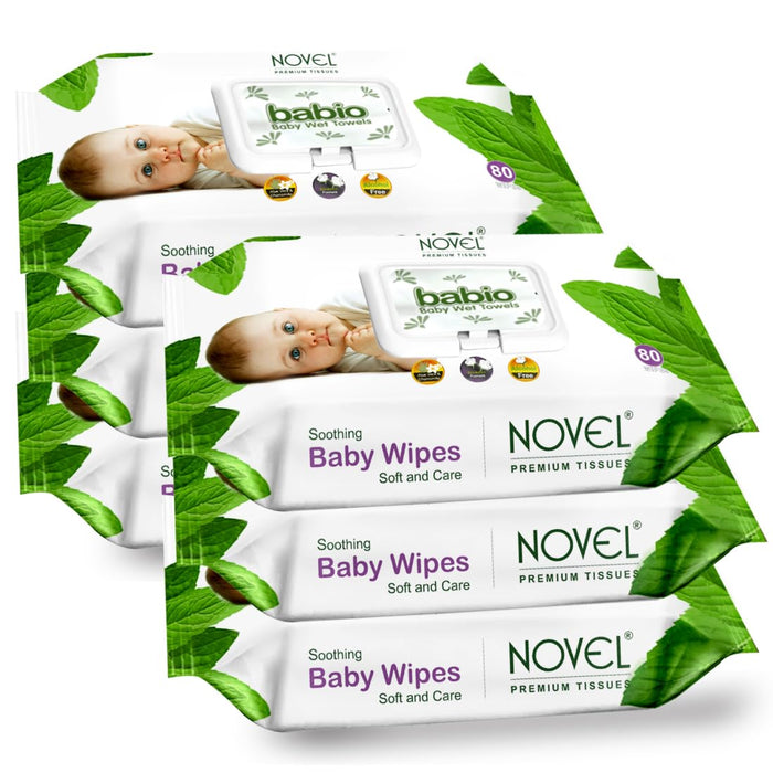 Babio Soft Cleansing Baby Wipes Lid Pack | Contains Aloe Vera & Chamomile Oil -80 Wipes pack of 6
