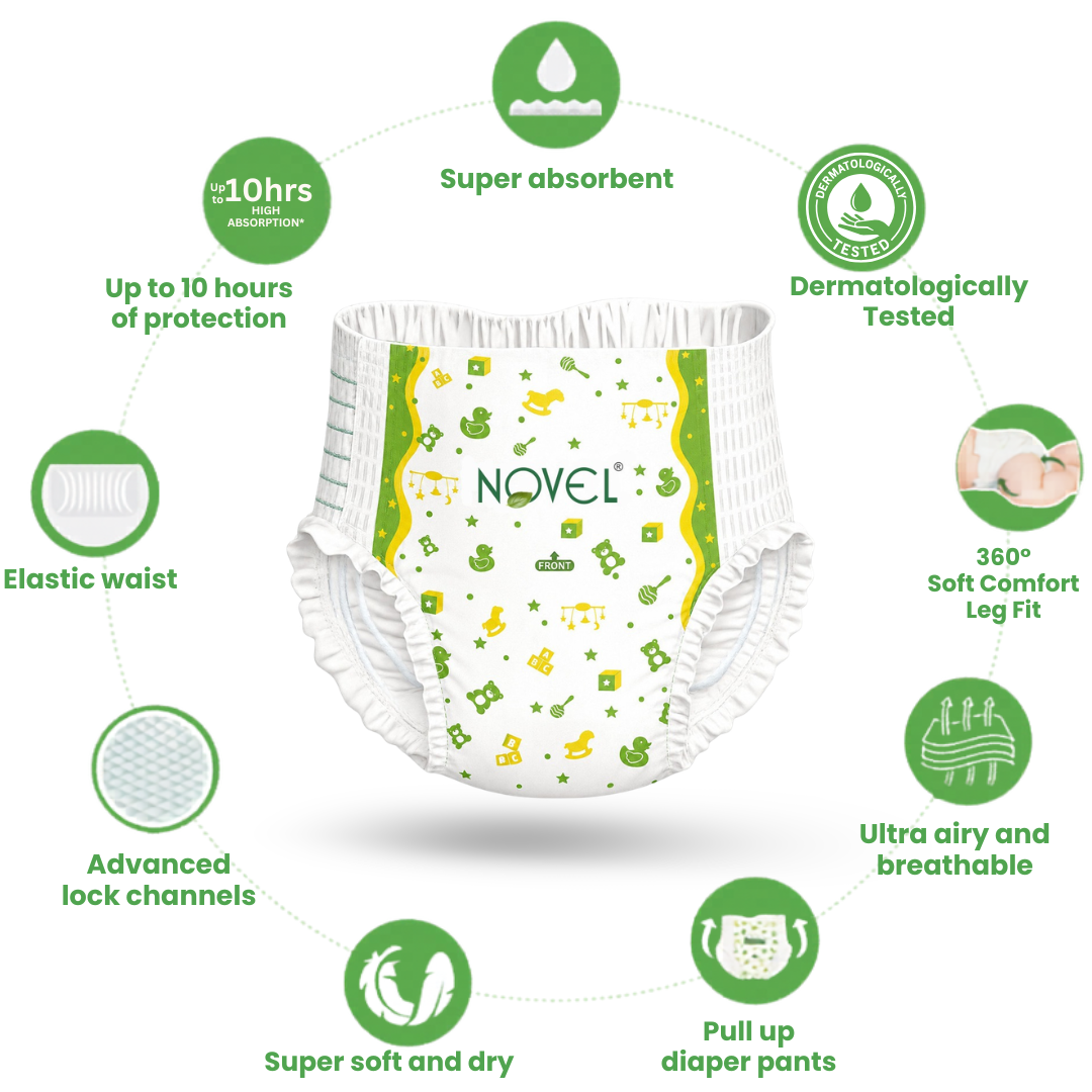 Novel Babio Baby Diaper Pants Size M (50 Pieces) – Easy Pull-Up, High Absorbency, Up to 10 Hours Dryness | Leak Protection, Soft & Breathable | Comfortable Fit