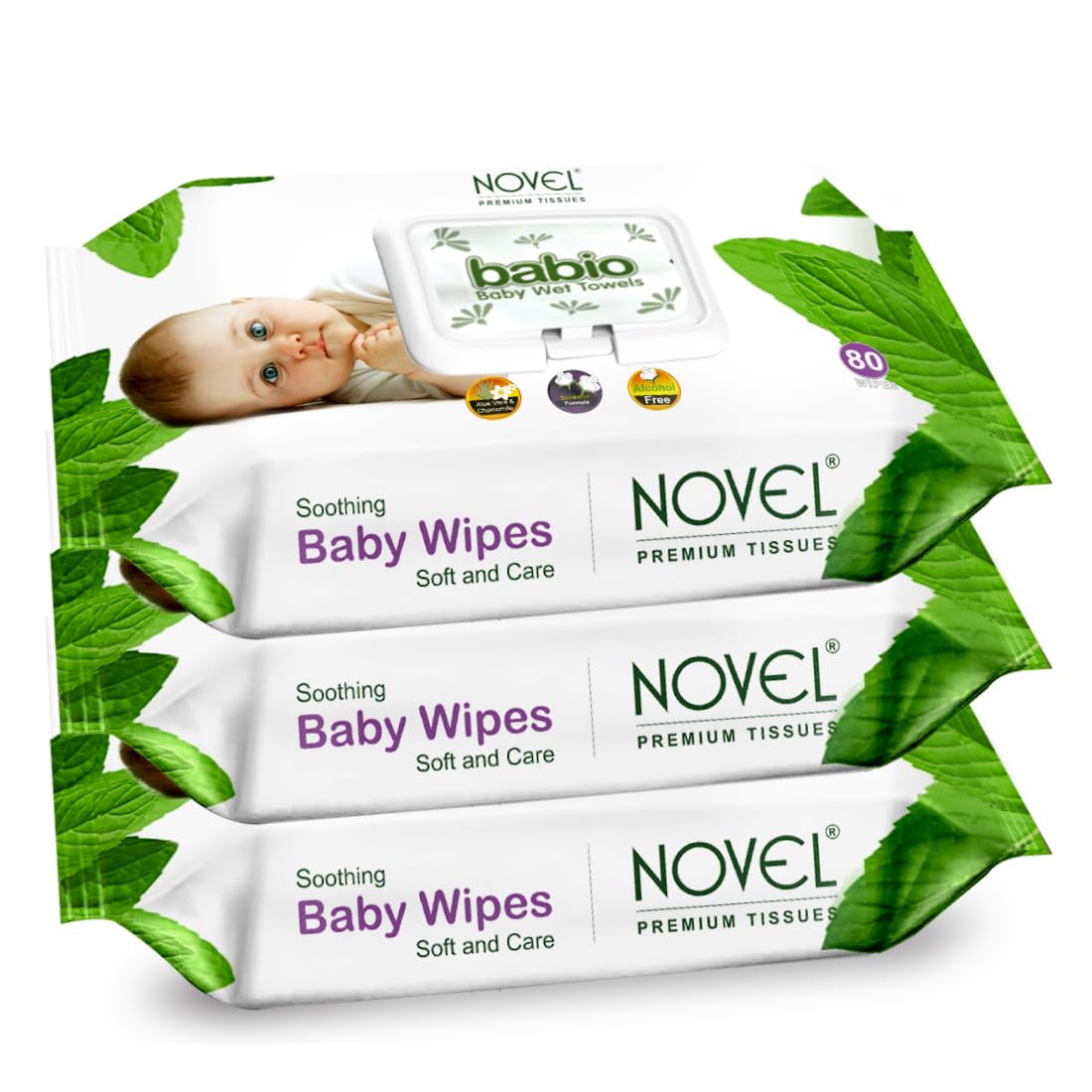 Babio Soft Cleansing Baby Wipes Lid Pack | Contains Aloe Vera & Chamomile Oil -80 Wipes pack of 3