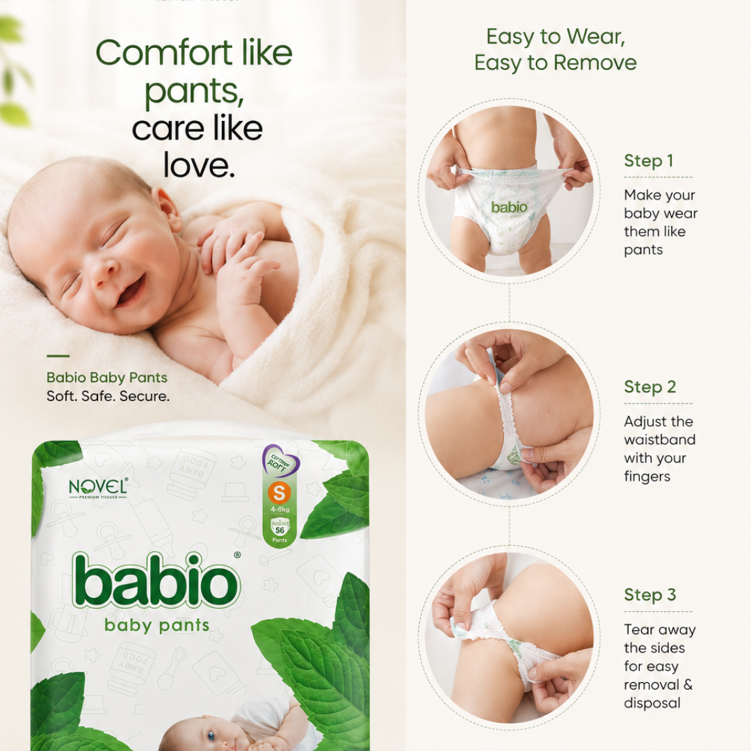 Novel Babio Baby Diaper Pants Size L (9–14 kg) | 42 Pants, Up to 10 Hrs Dry