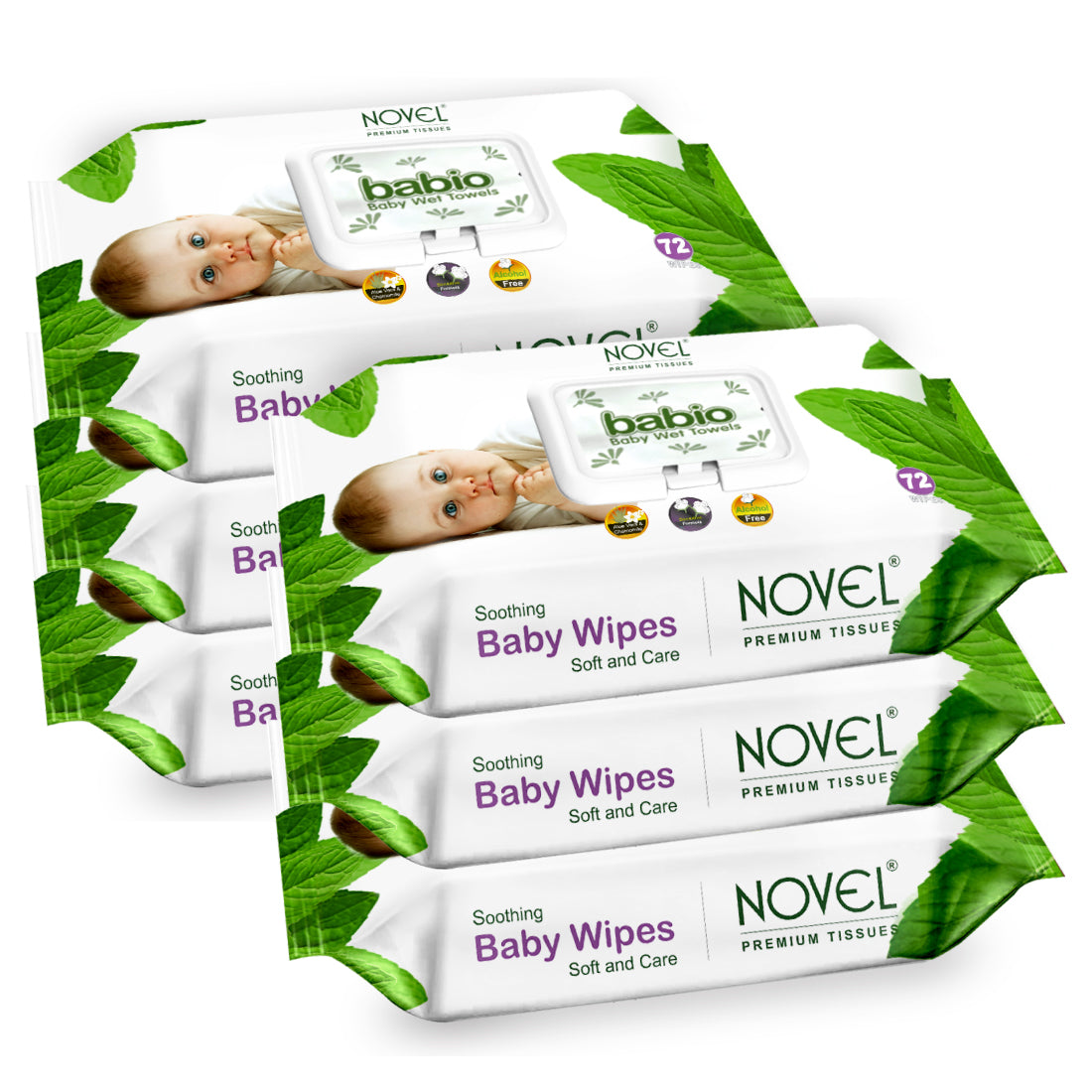 Babio Soft Cleansing Baby Wipes Lid Pack | Contains Aloe Vera & Chamomile Oil -72 Wipes pack of 6
