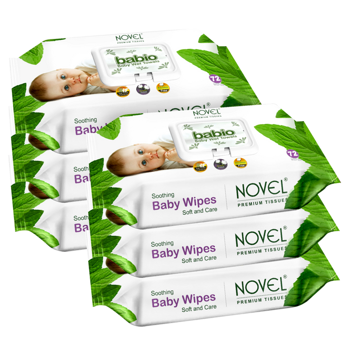 Novel Babio Baby Wipes with Lid | Aloe Vera & Chamomile | 72 Wipes (Pack of 6)