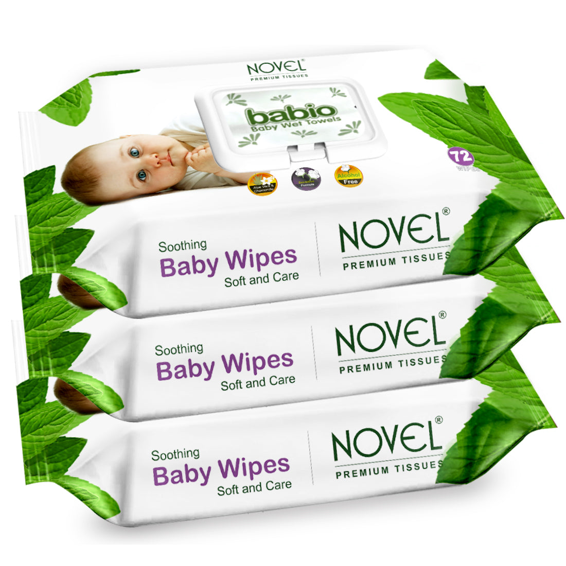 Babio Soft Cleansing Baby Wipes Lid Pack | Contains Aloe Vera & Chamomile Oil -72 Wipes pack of 3