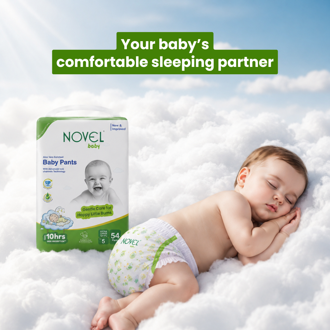 Novel Baby Premium Diaper Pants – XL (12–17 kg) | 54 Pants | Up to 10 Hours Absorption | Aloe Vera Enriched + FREE Baby Wipes