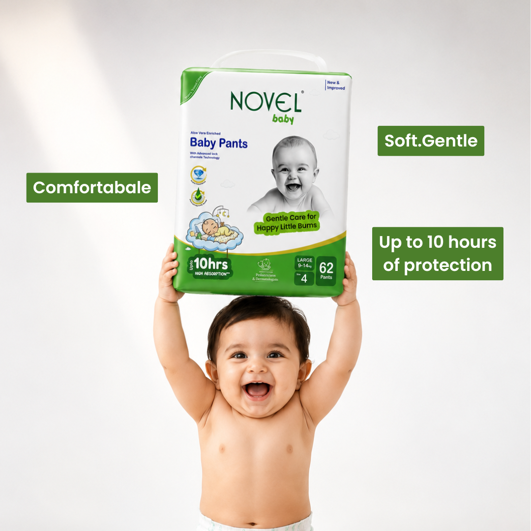 Novel Baby Premium Diaper Pants – XL (12–17 kg) | 54 Pants | Up to 10 Hours Absorption | Aloe Vera Enriched + FREE Baby Wipes