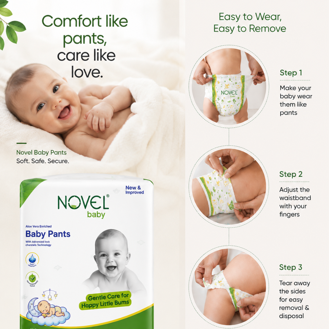 Novel Baby Premium Diaper Pants – XL (12–17 kg) | 54 Pants | Up to 10 Hours Absorption | Aloe Vera Enriched + FREE Baby Wipes