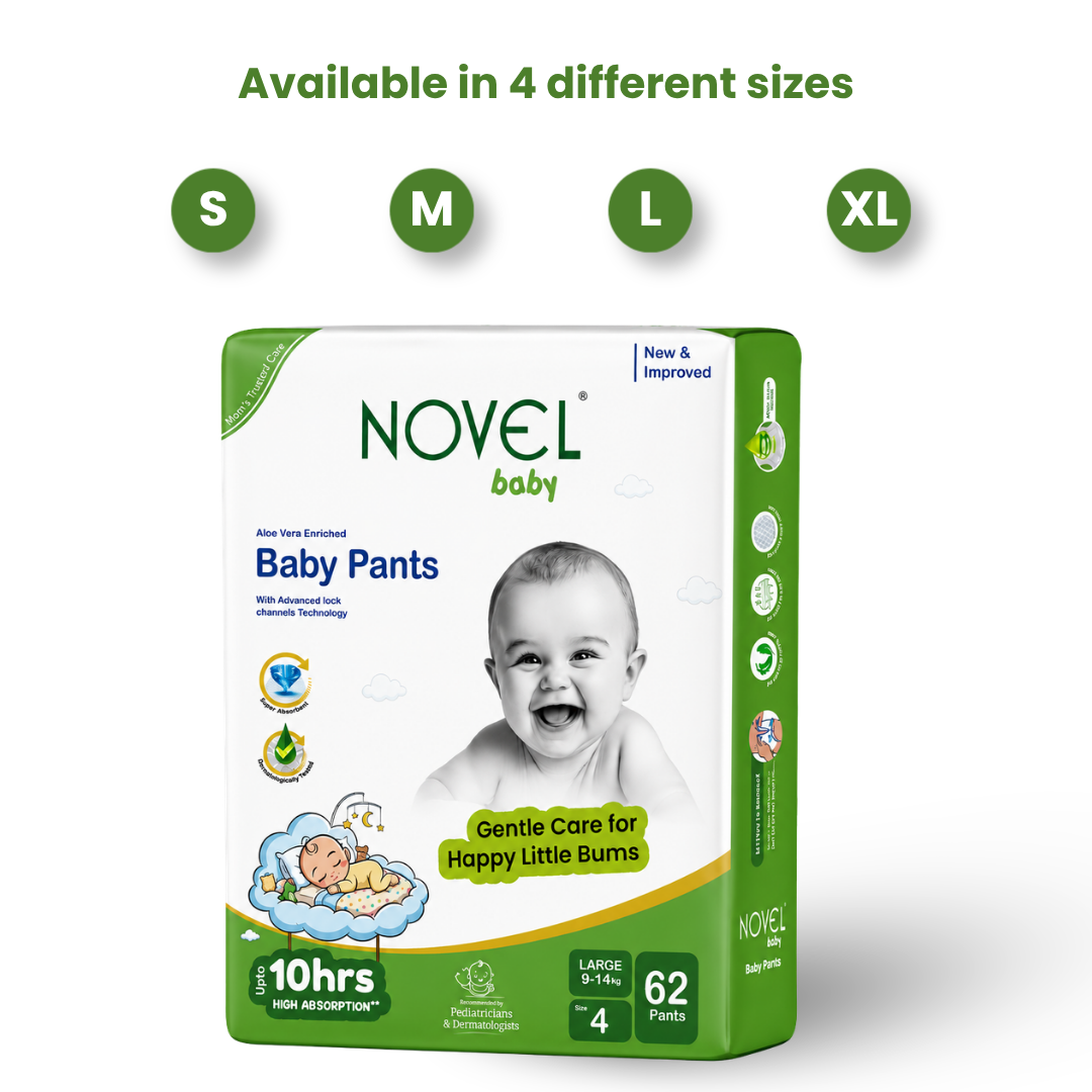 Novel Baby Premium Diaper Pants – XL (12–17 kg) | 54 Pants | Up to 10 Hours Absorption | Aloe Vera Enriched + FREE Baby Wipes