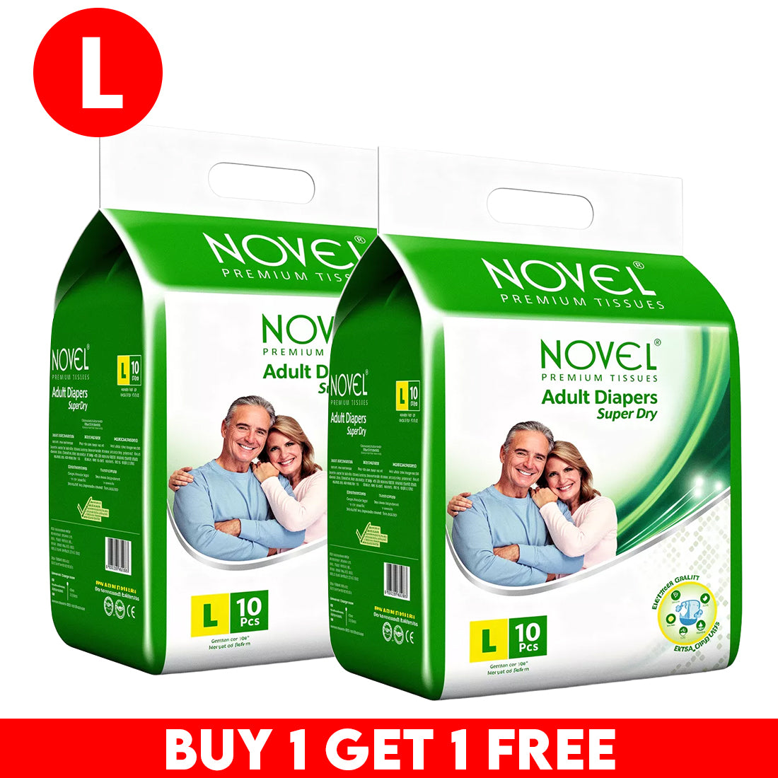 Novel Adult Diaper Super Dry Wrap Style L (10 Pieces) – High Absorbency, Leak Protection, Odour Control | Soft & Skin-Friendly, Adjustable Fit | Unisex Adult Diapers | Buy 1 Get 1