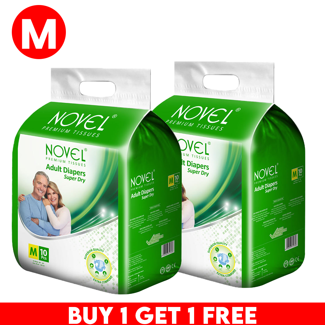 Novel Adult Diaper Super Dry Wrap Style M (10 Pieces) – High Absorbency, Leak Protection, Odour Control | Soft & Skin-Friendly, Adjustable Fit | Unisex Adult Diapers | Buy 1 Get 1