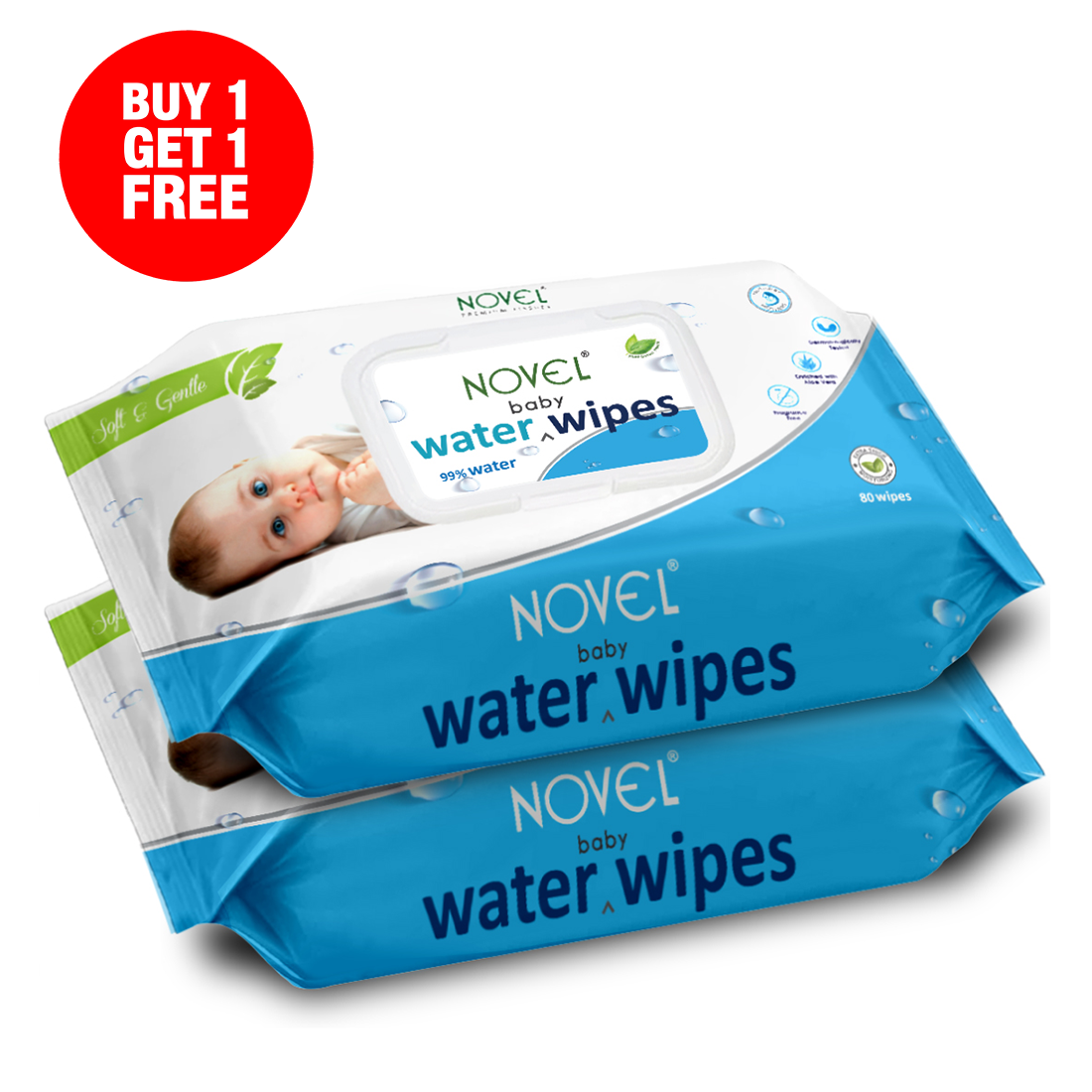 Novel Babio Baby Water Wipes with Lid | 99% Water | Ultra-Gentle & Hydrating – 72 Wipes (Pack of 2)
