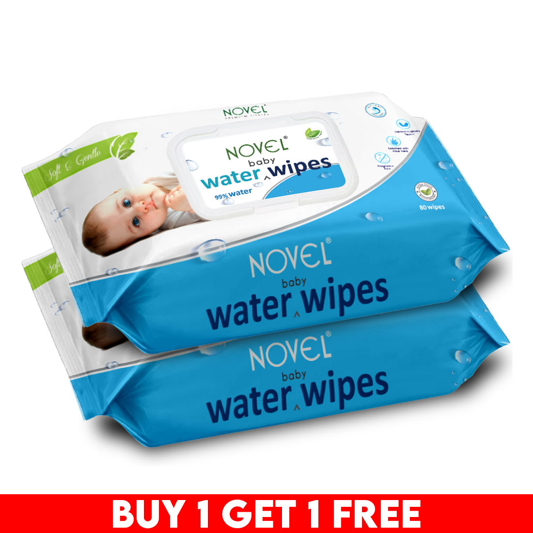 Novel Babio Baby Water Wipes with Lid | 72 Wipes (Pack of 2)
