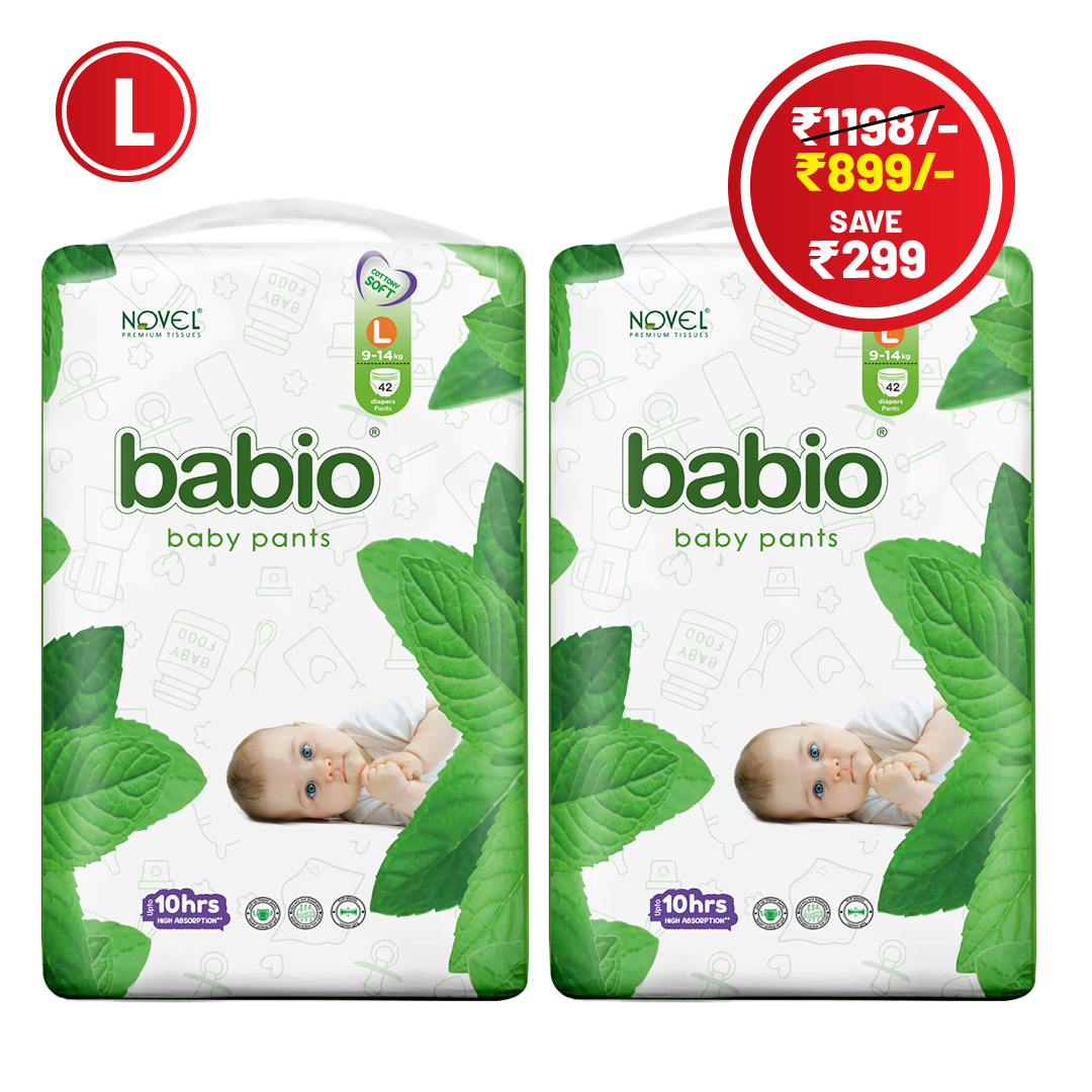 Novel Babio Baby Diaper Pants Size L (42 Pieces) – Easy Pull-Up, High Absorbency, Up to 10 Hours Dryness | Leak Protection, Soft & Breathable | Comfortable Fit