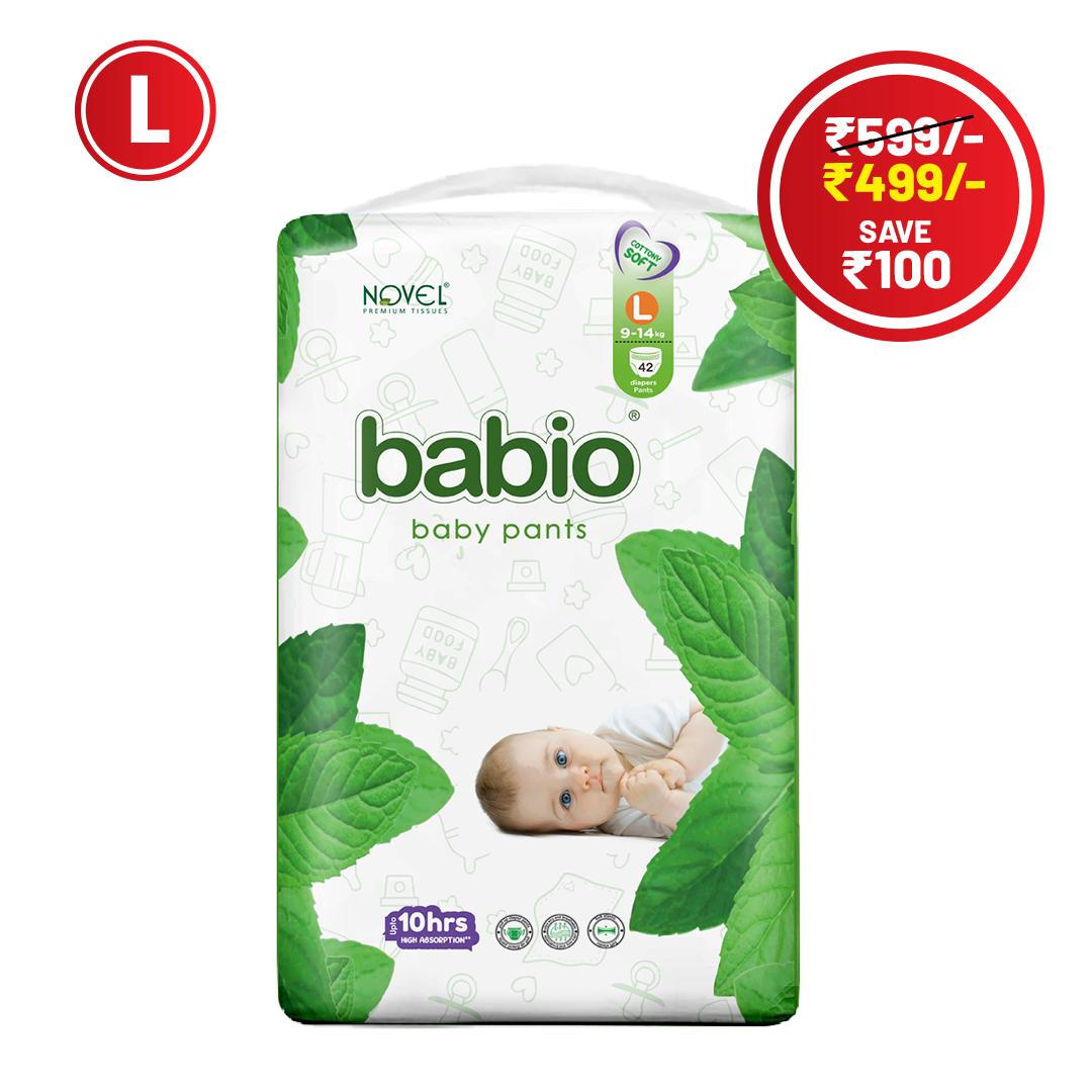 Novel Babio Baby Diaper Pants Size L (42 Pieces) – Easy Pull-Up, High Absorbency, Up to 10 Hours Dryness | Leak Protection, Soft & Breathable | Comfortable Fit