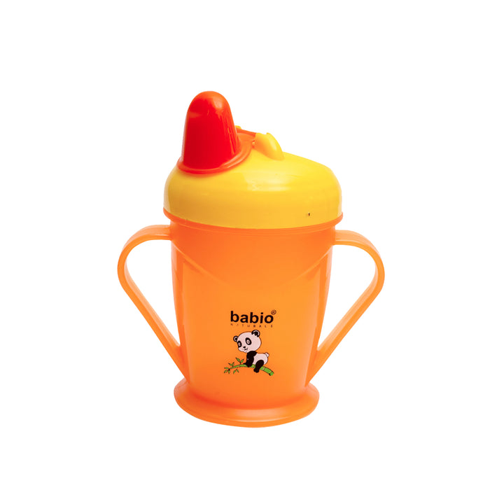 Product image of Novel Babio Baby Sipper Cup in orange with yellow top and red spout, featuring handles and a panda logo. Ideal for infant training and easy toddler drinking