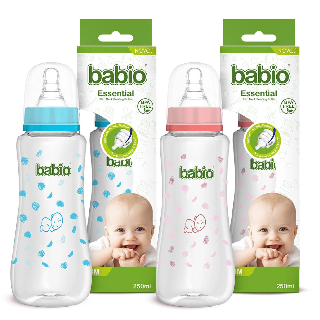 Novel Babio Baby Feeding Bottle – 250 ml  (Pack of 2) | Slim Neck, Easy Grip & Safe Feeding