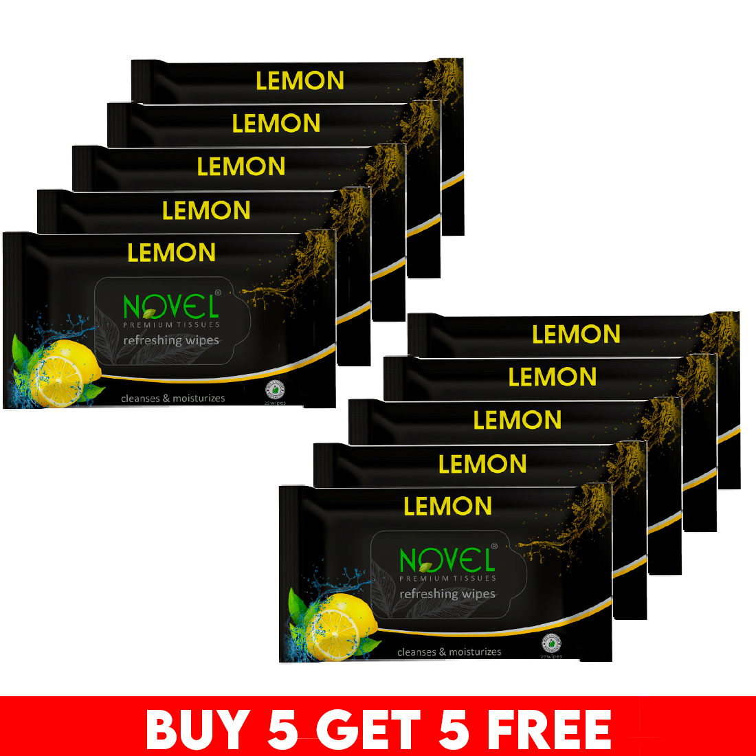 Novel Refreshing Wet Wipes | Alcohol-Free, Aqua Glycerine with Lemon Fragrance | 25 Wipes | Buy 5 Get 5