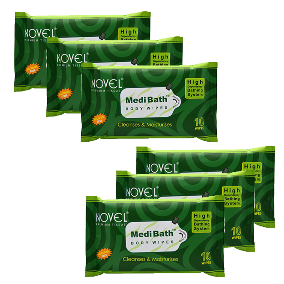 NOVEL Medi Bath Antiseptic & Aloe Vera Adult Body Wipes | 10 Wipes (Pack of 6)