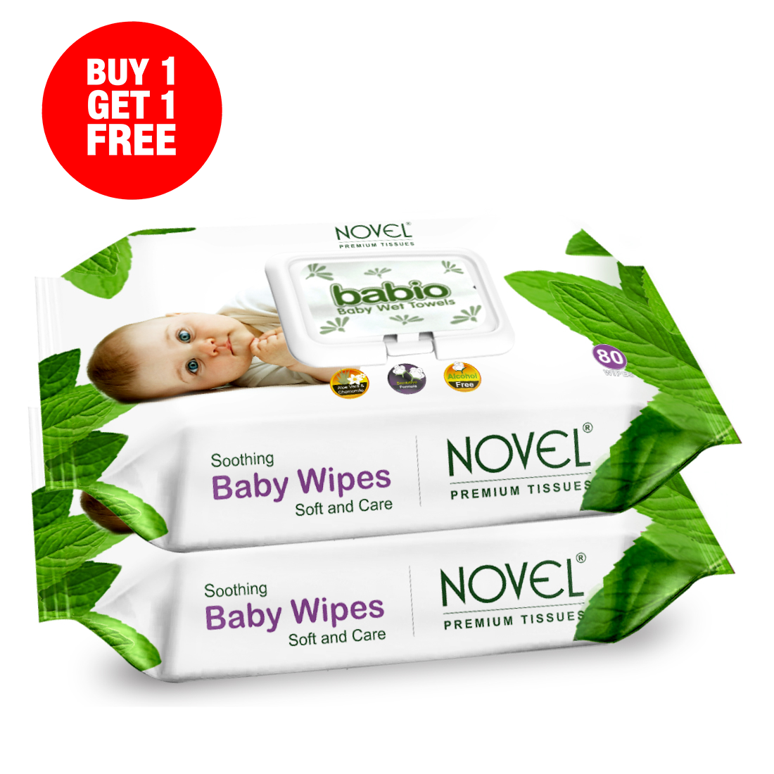 Novel Babio Baby Wipes with Lid | Aloe Vera & Chamomile | 72 Wipes (Pack of 2)