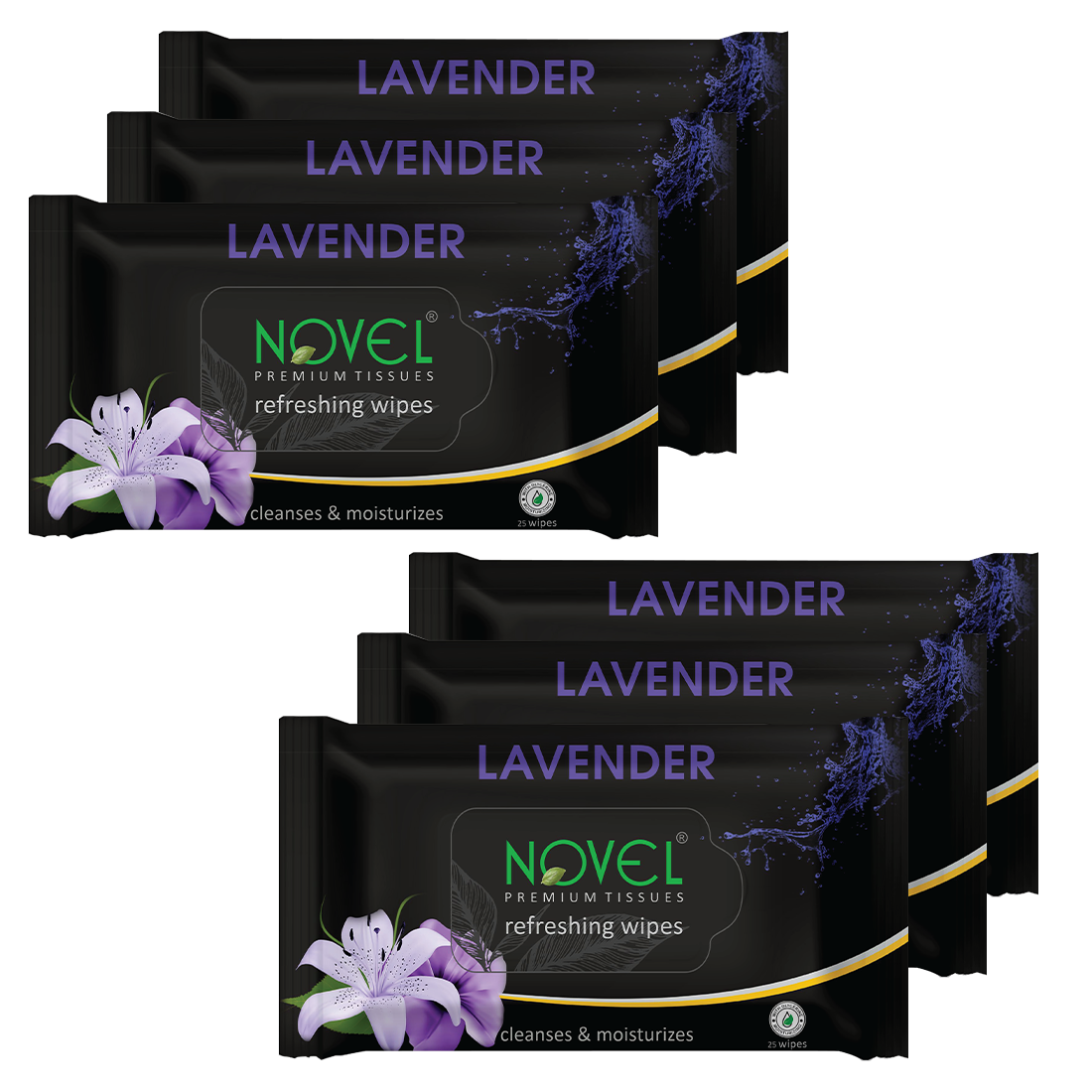 Novel Refreshing Wet Wipes | Alcohol-Free, Aqua Glycerine with Lavender Fragrance | 25 Wipes (Pack of 6)