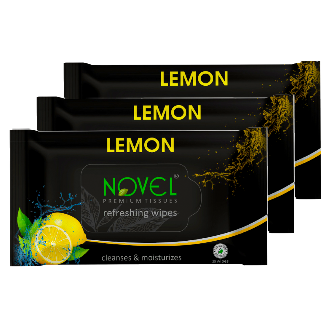 Novel Refreshing Wet Wipes | Alcohol-Free, Aqua Glycerine with Lemon Fragrance | 25 Wipes (Pack of 3)